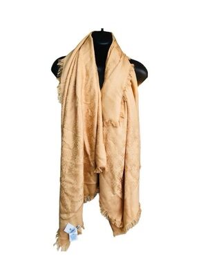 Tory Burch Peach-Tan Monogram Fringe Wrap Scarf